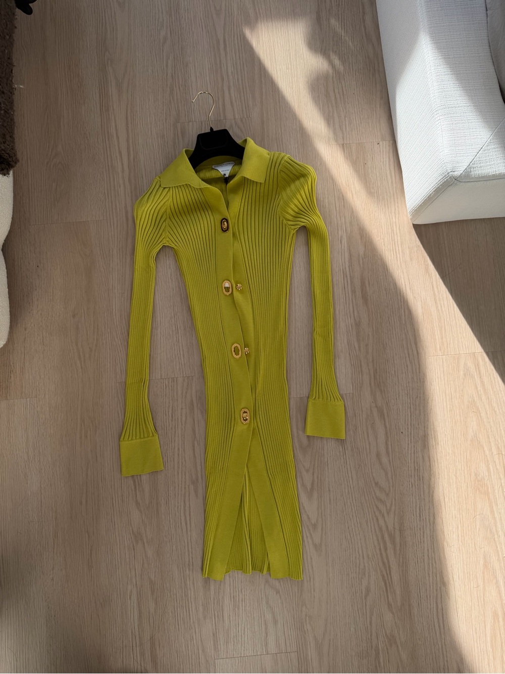 Bottega Veneta Lime Green Ribbed Midi Button‑Front Dress